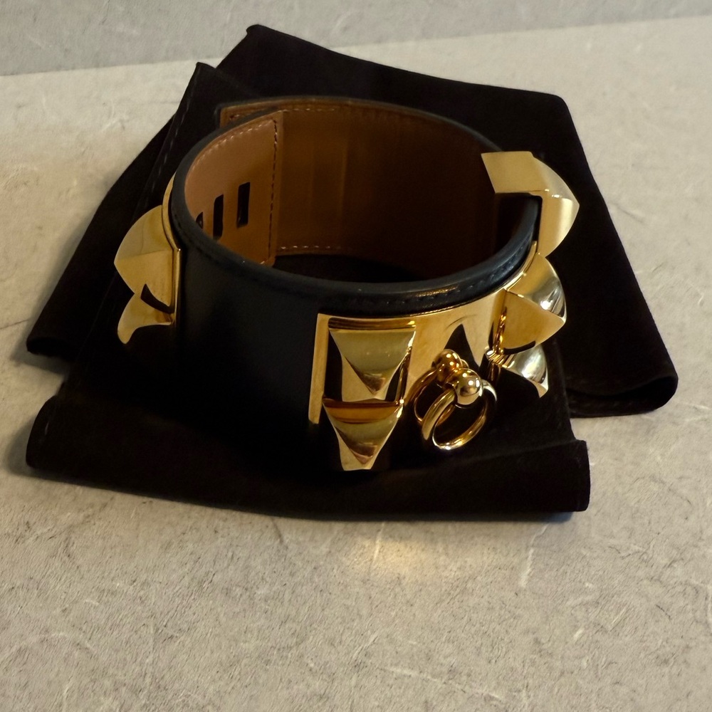 Auth Hermes Collier de Chien Bracelet, Black Leather, Yellow GP, Size T2